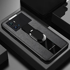 Silikon Hülle Handyhülle Gummi Schutzhülle Flexible Leder Tasche mit Magnetisch Fingerring Ständer für Vivo iQOO 9 5G Schwarz