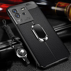 Silikon Hülle Handyhülle Gummi Schutzhülle Flexible Leder Tasche mit Magnetisch Fingerring Ständer für Vivo iQOO Neo6 SE 5G Schwarz