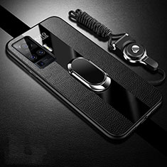 Silikon Hülle Handyhülle Gummi Schutzhülle Flexible Leder Tasche mit Magnetisch Fingerring Ständer für Vivo X50 Pro 5G Schwarz