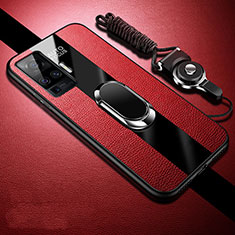 Silikon Hülle Handyhülle Gummi Schutzhülle Flexible Leder Tasche mit Magnetisch Fingerring Ständer für Vivo X51 5G Rot