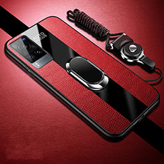 Silikon Hülle Handyhülle Gummi Schutzhülle Flexible Leder Tasche mit Magnetisch Fingerring Ständer für Vivo X60 5G Rot