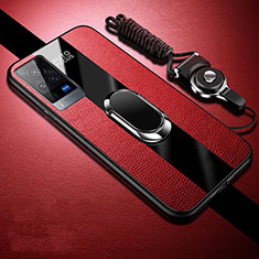 Silikon Hülle Handyhülle Gummi Schutzhülle Flexible Leder Tasche mit Magnetisch Fingerring Ständer für Vivo X60 Pro 5G Rot