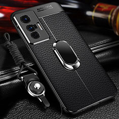 Silikon Hülle Handyhülle Gummi Schutzhülle Flexible Leder Tasche mit Magnetisch Fingerring Ständer für Vivo X70 5G Schwarz
