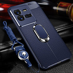Silikon Hülle Handyhülle Gummi Schutzhülle Flexible Leder Tasche mit Magnetisch Fingerring Ständer für Vivo X80 Lite 5G Blau