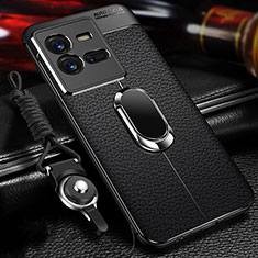 Silikon Hülle Handyhülle Gummi Schutzhülle Flexible Leder Tasche mit Magnetisch Fingerring Ständer für Vivo X80 Lite 5G Schwarz