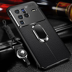 Silikon Hülle Handyhülle Gummi Schutzhülle Flexible Leder Tasche mit Magnetisch Fingerring Ständer für Vivo X80 Pro 5G Schwarz