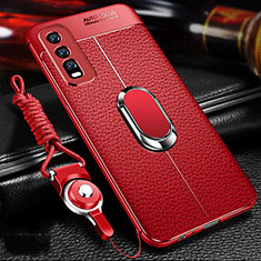 Silikon Hülle Handyhülle Gummi Schutzhülle Flexible Leder Tasche mit Magnetisch Fingerring Ständer für Vivo Y20i India Rot