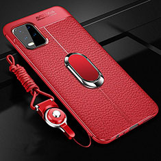 Silikon Hülle Handyhülle Gummi Schutzhülle Flexible Leder Tasche mit Magnetisch Fingerring Ständer für Xiaomi Mi 10 Lite Rot