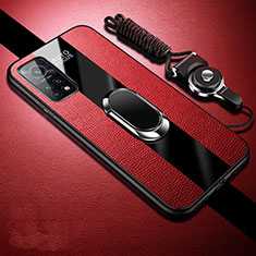 Silikon Hülle Handyhülle Gummi Schutzhülle Flexible Leder Tasche mit Magnetisch Fingerring Ständer für Xiaomi Mi 10T 5G Rot