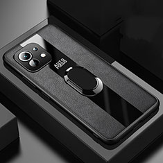Silikon Hülle Handyhülle Gummi Schutzhülle Flexible Leder Tasche mit Magnetisch Fingerring Ständer für Xiaomi Mi 11 5G Schwarz
