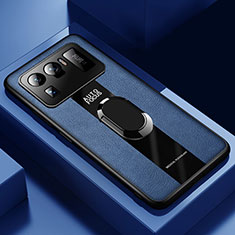 Silikon Hülle Handyhülle Gummi Schutzhülle Flexible Leder Tasche mit Magnetisch Fingerring Ständer für Xiaomi Mi 11 Ultra 5G Blau
