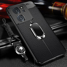 Silikon Hülle Handyhülle Gummi Schutzhülle Flexible Leder Tasche mit Magnetisch Fingerring Ständer für Xiaomi Mi 13T 5G Schwarz