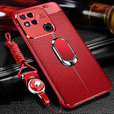 Silikon Hülle Handyhülle Gummi Schutzhülle Flexible Leder Tasche mit Magnetisch Fingerring Ständer für Xiaomi Redmi 9 India Rot