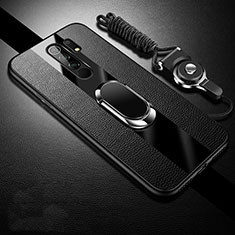 Silikon Hülle Handyhülle Gummi Schutzhülle Flexible Leder Tasche mit Magnetisch Fingerring Ständer für Xiaomi Redmi 9 Prime India Schwarz