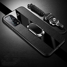 Silikon Hülle Handyhülle Gummi Schutzhülle Flexible Leder Tasche mit Magnetisch Fingerring Ständer für Xiaomi Redmi K30S 5G Schwarz