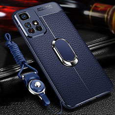 Silikon Hülle Handyhülle Gummi Schutzhülle Flexible Leder Tasche mit Magnetisch Fingerring Ständer für Xiaomi Redmi Note 11S 5G Blau