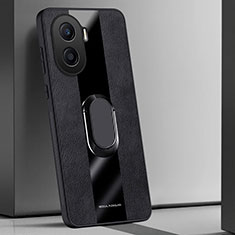 Silikon Hülle Handyhülle Gummi Schutzhülle Flexible Leder Tasche mit Magnetisch Fingerring Ständer PB1 für Huawei Honor X7a Schwarz