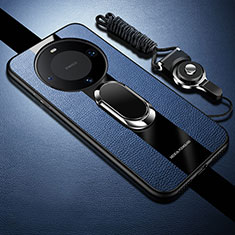 Silikon Hülle Handyhülle Gummi Schutzhülle Flexible Leder Tasche mit Magnetisch Fingerring Ständer PB1 für Huawei Mate 60 Pro Blau