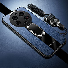 Silikon Hülle Handyhülle Gummi Schutzhülle Flexible Leder Tasche mit Magnetisch Fingerring Ständer PB1 für Xiaomi Mi 13 Ultra 5G Blau