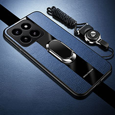 Silikon Hülle Handyhülle Gummi Schutzhülle Flexible Leder Tasche mit Magnetisch Fingerring Ständer PB1 für Xiaomi Mi 14 5G Blau