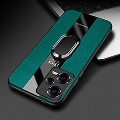 Silikon Hülle Handyhülle Gummi Schutzhülle Flexible Leder Tasche mit Magnetisch Fingerring Ständer PB1 für Xiaomi Poco X5 5G Grün