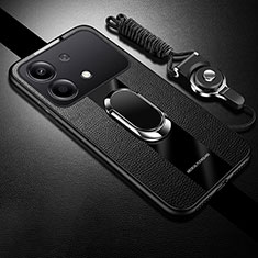 Silikon Hülle Handyhülle Gummi Schutzhülle Flexible Leder Tasche mit Magnetisch Fingerring Ständer PB1 für Xiaomi Redmi Note 13R Pro 5G Schwarz