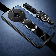 Silikon Hülle Handyhülle Gummi Schutzhülle Flexible Leder Tasche mit Magnetisch Fingerring Ständer PB2 für Realme 11 Pro 5G Blau