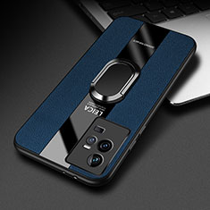 Silikon Hülle Handyhülle Gummi Schutzhülle Flexible Leder Tasche mit Magnetisch Fingerring Ständer PB2 für Vivo iQOO 11 Pro 5G Blau