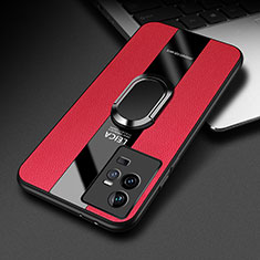 Silikon Hülle Handyhülle Gummi Schutzhülle Flexible Leder Tasche mit Magnetisch Fingerring Ständer PB2 für Vivo iQOO 11 Pro 5G Rot