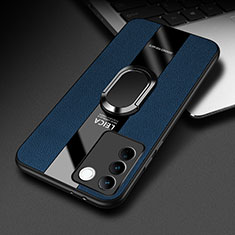 Silikon Hülle Handyhülle Gummi Schutzhülle Flexible Leder Tasche mit Magnetisch Fingerring Ständer PB2 für Vivo V27e 5G Blau