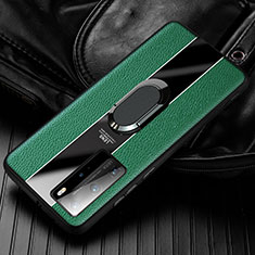 Silikon Hülle Handyhülle Gummi Schutzhülle Flexible Leder Tasche mit Magnetisch Fingerring Ständer S01 für Huawei Honor 30 Grün