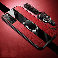 Silikon Hülle Handyhülle Gummi Schutzhülle Flexible Leder Tasche mit Magnetisch Fingerring Ständer S01 für Huawei Honor 30 Pro+ Plus Rot