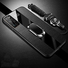 Silikon Hülle Handyhülle Gummi Schutzhülle Flexible Leder Tasche mit Magnetisch Fingerring Ständer S01 für Huawei Honor 30 Pro+ Plus Schwarz