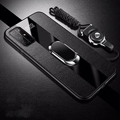 Silikon Hülle Handyhülle Gummi Schutzhülle Flexible Leder Tasche mit Magnetisch Fingerring Ständer S01 für Huawei Honor 30S Schwarz