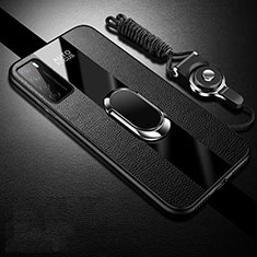 Silikon Hülle Handyhülle Gummi Schutzhülle Flexible Leder Tasche mit Magnetisch Fingerring Ständer S01 für Huawei Honor Play4 5G Schwarz