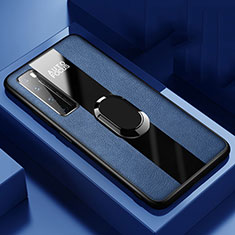 Silikon Hülle Handyhülle Gummi Schutzhülle Flexible Leder Tasche mit Magnetisch Fingerring Ständer S01 für Huawei Nova 7 Pro 5G Blau