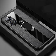 Silikon Hülle Handyhülle Gummi Schutzhülle Flexible Leder Tasche mit Magnetisch Fingerring Ständer S01 für Huawei Nova 8 5G Schwarz