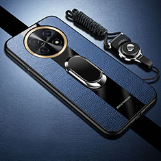 Silikon Hülle Handyhülle Gummi Schutzhülle Flexible Leder Tasche mit Magnetisch Fingerring Ständer S01 für Huawei Nova Y91 Blau