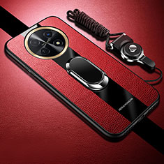 Silikon Hülle Handyhülle Gummi Schutzhülle Flexible Leder Tasche mit Magnetisch Fingerring Ständer S01 für Huawei Nova Y91 Rot