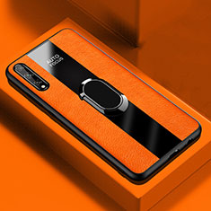 Silikon Hülle Handyhülle Gummi Schutzhülle Flexible Leder Tasche mit Magnetisch Fingerring Ständer S01 für Huawei Y8p Orange