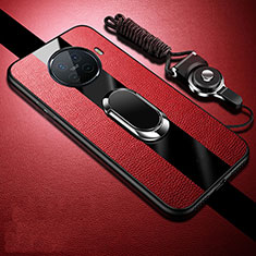 Silikon Hülle Handyhülle Gummi Schutzhülle Flexible Leder Tasche mit Magnetisch Fingerring Ständer S01 für Oppo Ace2 Rot