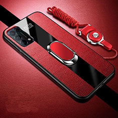 Silikon Hülle Handyhülle Gummi Schutzhülle Flexible Leder Tasche mit Magnetisch Fingerring Ständer S01 für Oppo Find X3 Lite 5G Rot