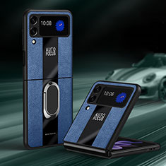 Silikon Hülle Handyhülle Gummi Schutzhülle Flexible Leder Tasche mit Magnetisch Fingerring Ständer S01 für Samsung Galaxy Z Flip3 5G Blau