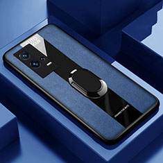 Silikon Hülle Handyhülle Gummi Schutzhülle Flexible Leder Tasche mit Magnetisch Fingerring Ständer S01 für Vivo iQOO 8 5G Blau