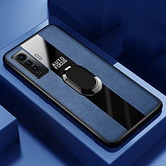 Silikon Hülle Handyhülle Gummi Schutzhülle Flexible Leder Tasche mit Magnetisch Fingerring Ständer S01 für Vivo X50 5G Blau