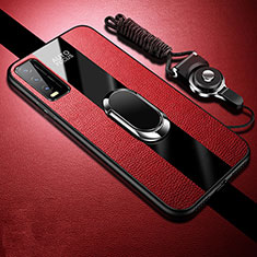 Silikon Hülle Handyhülle Gummi Schutzhülle Flexible Leder Tasche mit Magnetisch Fingerring Ständer S01 für Vivo Y11s Rot