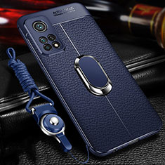 Silikon Hülle Handyhülle Gummi Schutzhülle Flexible Leder Tasche mit Magnetisch Fingerring Ständer S01 für Xiaomi Mi 10T Pro 5G Blau