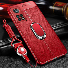 Silikon Hülle Handyhülle Gummi Schutzhülle Flexible Leder Tasche mit Magnetisch Fingerring Ständer S01 für Xiaomi Mi 10T Pro 5G Rot