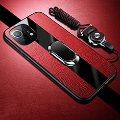 Silikon Hülle Handyhülle Gummi Schutzhülle Flexible Leder Tasche mit Magnetisch Fingerring Ständer S01 für Xiaomi Mi 11 Lite 4G Rot