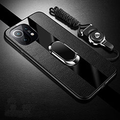 Silikon Hülle Handyhülle Gummi Schutzhülle Flexible Leder Tasche mit Magnetisch Fingerring Ständer S01 für Xiaomi Mi 11 Lite 4G Schwarz